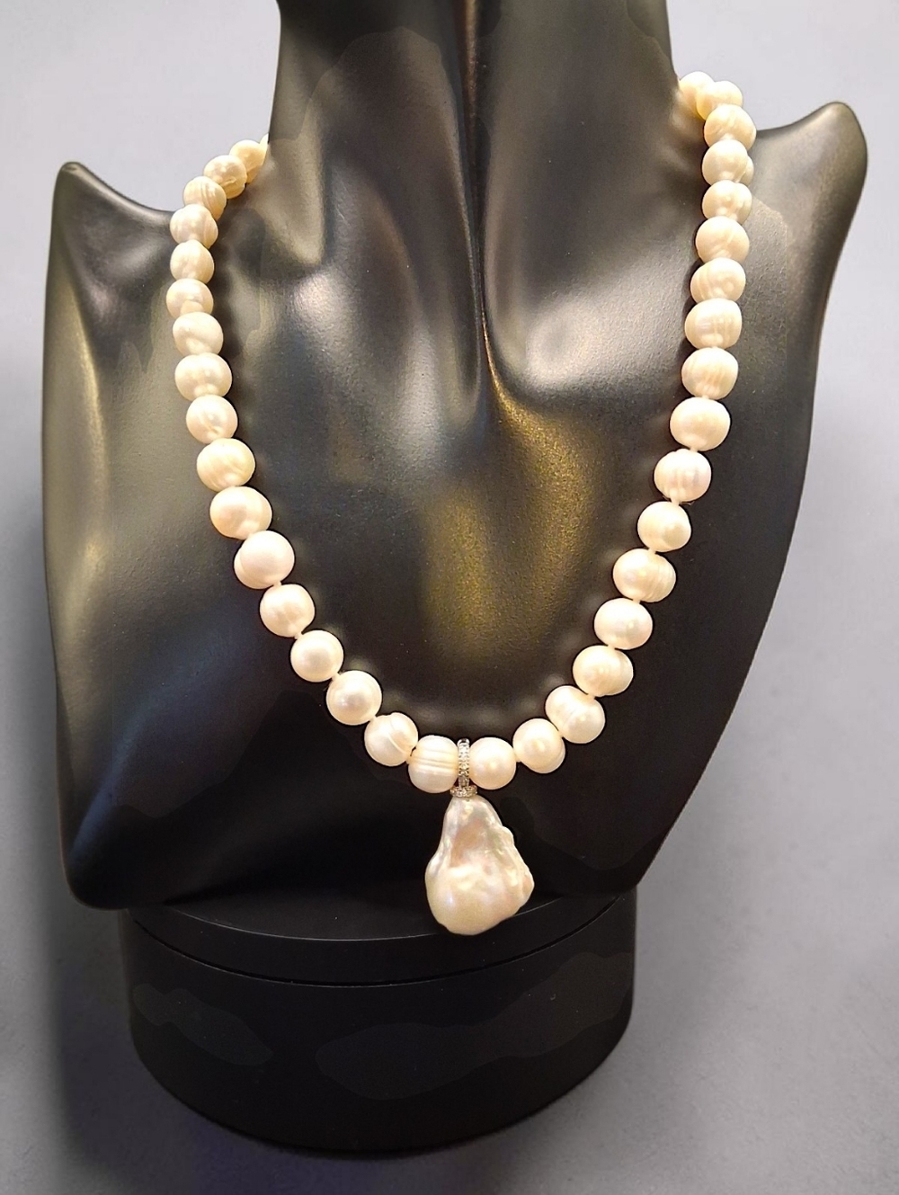 9.5-10.5MM Pearl Necklace & 17MM Removable Baroque Pearl Enhancer-Sterling Clasp - Picture 2 of 6